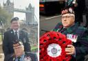 Alastair on a trip to London with carer Willie and, right, laying a wreath at the Cenotaph