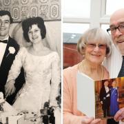 Marilyn and Jim Norwood on their wedding day (left) and (right) reading their telegram from King Charles III congratulating them on reaching the milestone.