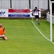Ciaran Diver wheels away in celebration after scoring his first of two goals against Irvine Meadow.
