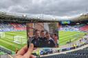 Gordon holds a picture of Jason at Hampden. Below right, Jason, centre, and Gordon, right  after they first met in London at a Scotland England friendly.