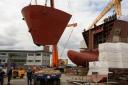 The 100-tonne block lift of the bow to be connected onto Hull 802, in the Ferguson Marine shipyard, in Port Glasgow, Scotland, 26 April 2022. .