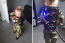 Grace, three, shows off her DIY Ghostbusters costume