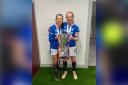 Kathryn Hill (right) and goalscorer Lizzie Arnot with the Sky Sports Cup