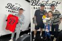 Billy Gilmour (left) donated a signed top to Blackout Barbershop's fundraising raffle for little Alara Kavak (right).
