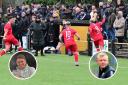 Josh Fowler's goal to make it 3-1 to Beith (main pic) led to chaotic scenes which saw Beith manager Chris Strain (left) and Largs manager Stuart Davidson (right) sent off before the game was abandoned. Picture credit: Stephen Kerr