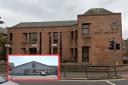 Kilmarnock Sheriff Court (main pic) heard how Coyle breached a non-harassment order - then was traced after stealing a bottle of vodka from Aldi in Saltcoats (inset).