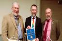 Narek Bido, Rotary District Governor (centre) was welcomed by Irvine Seagate Club president Hugh Hutchieson (left) and Alex Blair, president of the Rotary Club of Hunterston