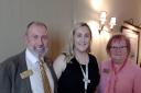 Cara Bowden of CHAS (centre) is welcomed by the Hunterston Rotary Club president Alex Blair and vice president, Catherine Black.