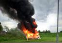 The caravan ablaze in Stevenston