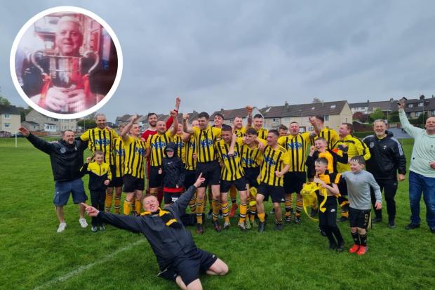 West Kilbride celebrate their title win in memory of Alistair Dick (inset)