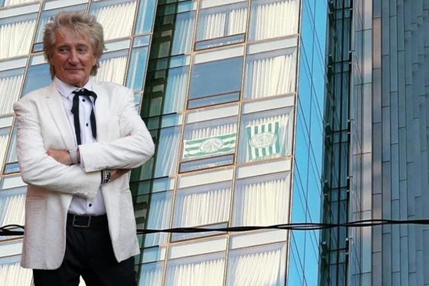 Sir Rod Stewart displays Celtic flag from US skyscraper hotel window