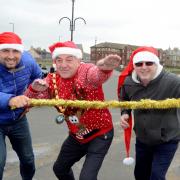 Saltcoats santa dash, Blair Pettigrew, Provost Ian Clarkson and Craig Crosthwaite at the 2019 run