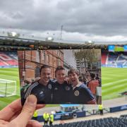 Gordon holds a picture of Jason at Hampden. Below right, Jason, centre, and Gordon, right  after they first met in London at a Scotland England friendly.
