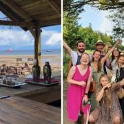 The beach bar (left) and (right) partygoers enjoy a hen party at the Arran Botanical Drinks venue
