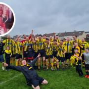 West Kilbride celebrate their title win in memory of Alistair Dick (inset)