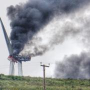 Smoke was seen billowing from the wind turbine on Friday evening. Photo: Drew Weatherston