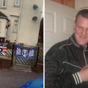 Two Rangers flags (left) which had messages written on them in tribute to Eddie Townsley (right) have been taken from a memorial placed for him at his home on Smith Drive in Saltcoats.