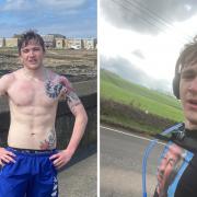 Devin at the end of his marathon (left) and during the run (right)