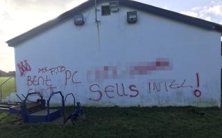 The vandalism which can be clearly seen on the Ardrossan Accies clubhouse on Sorbie Road