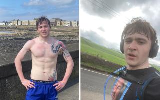 Devin at the end of his marathon (left) and during the run (right)