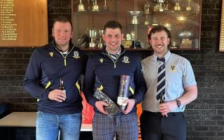 Ardrossan Accies captain Stuart Lamont (centre) marked his 250th appearance for the club last weekend.